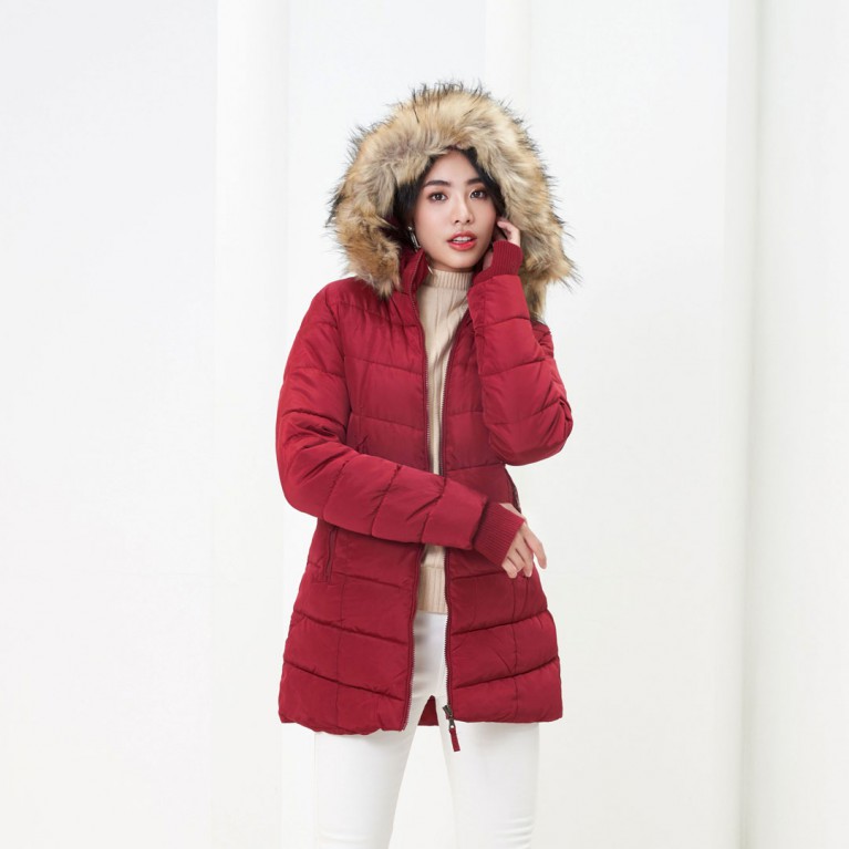 Handy padded fur down coat สีแดง (ไม่กันน้ำ)